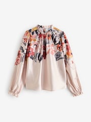 Blush Pink Floral Placement Print Satin High Neck Long Sleeve Blouse - Image 6 of 8