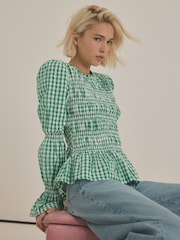 Green Smock Detail Gingham Long Sleeve 100% Cotton Blouse - Image 1 of 8