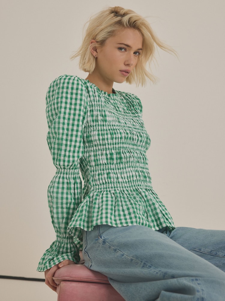 Green Smock Detail Gingham Long Sleeve 100% Cotton Blouse - Image 1 of 8