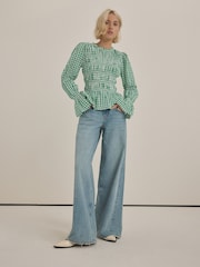 Green Smock Detail Gingham Long Sleeve 100% Cotton Blouse - Image 2 of 8