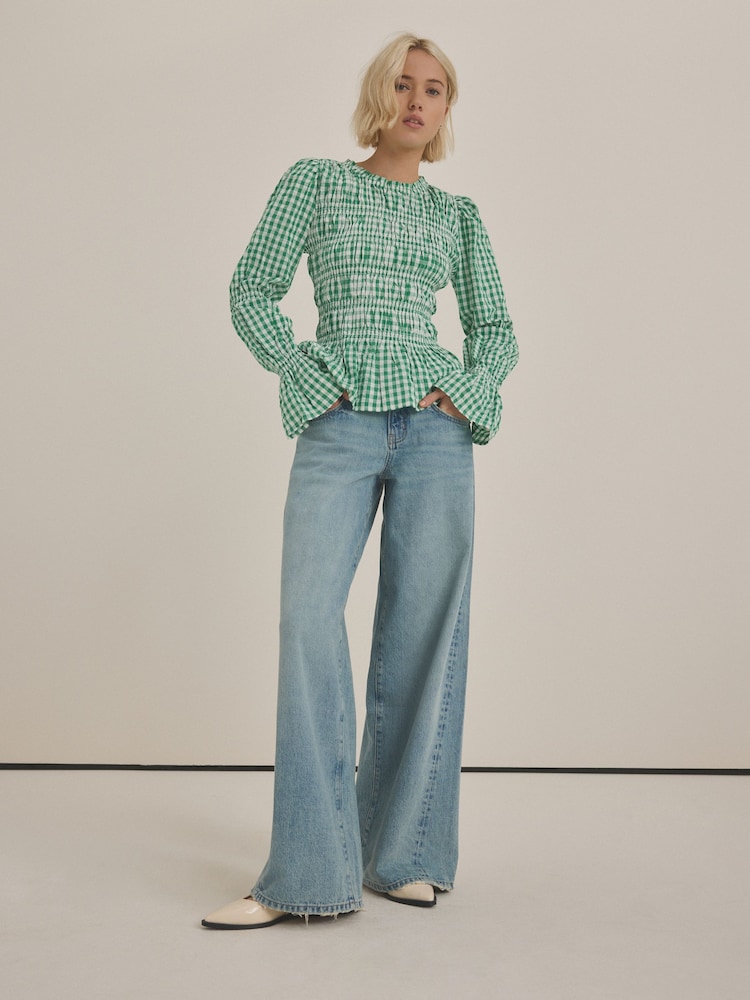 Green Smock Detail Gingham Long Sleeve 100% Cotton Blouse - Image 2 of 8