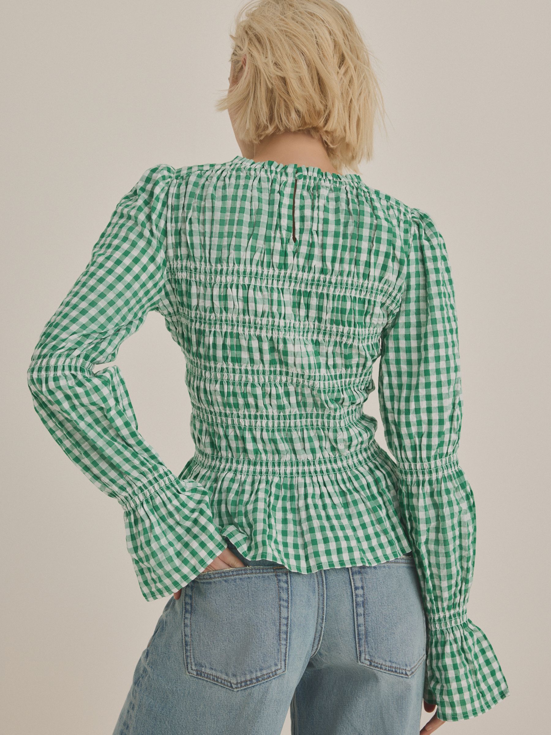 新しい到着 Detail Smock Green Buy Gingham Cotton 100% Sleeve Long トップス