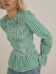 Green Smock Detail Gingham Long Sleeve 100% Cotton Blouse - Image 4 of 8