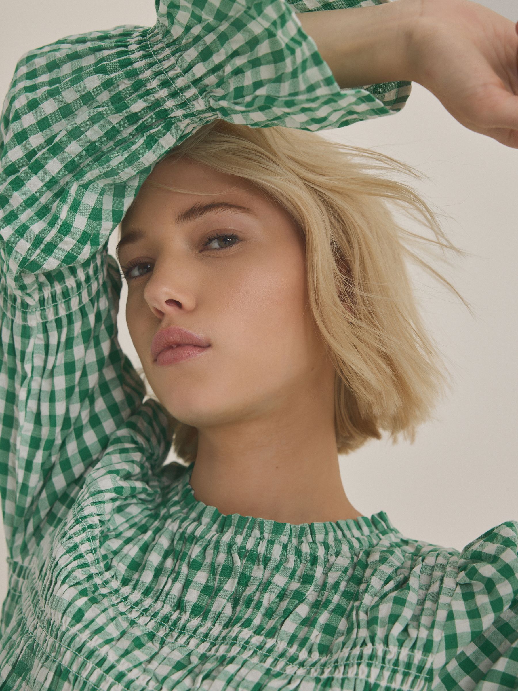 Buy Green Smock Detail Gingham Long Sleeve 100% Cotton