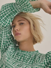 Green Smock Detail Gingham Long Sleeve 100% Cotton Blouse - Image 5 of 8