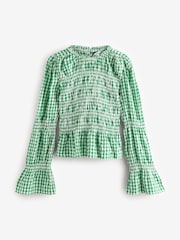 Green Smock Detail Gingham Long Sleeve 100% Cotton Blouse - Image 6 of 8