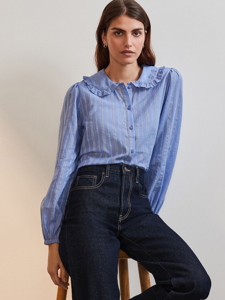 Blue Long Sleeve Peter Pan Collar 100% Cotton Blouse - Image 1 of 7