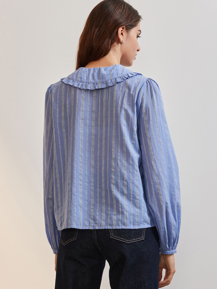 Blue Long Sleeve Peter Pan Collar 100% Cotton Blouse - Image 2 of 7