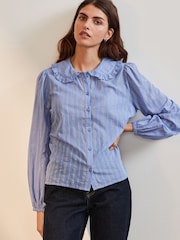 Blue Long Sleeve Peter Pan Collar 100% Cotton Blouse - Image 3 of 7
