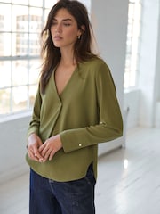 Olive Green Relaxed Fit Long Sleeve Overhead V-Neck Blouse - Image 1 of 9