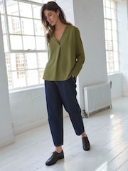 Olive Green Relaxed Fit Long Sleeve Overhead V-Neck Blouse - Image 2 of 9