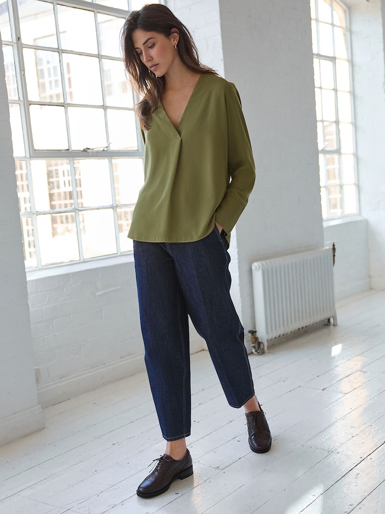 Olive Green Relaxed Fit Long Sleeve Overhead V-Neck Blouse - Image 2 of 9