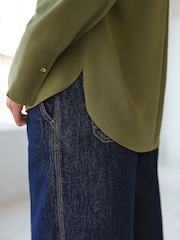Olive Green Relaxed Fit Long Sleeve Overhead V-Neck Blouse - Image 6 of 9