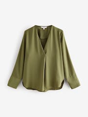 Olive Green Relaxed Fit Long Sleeve Overhead V-Neck Blouse - Image 7 of 9