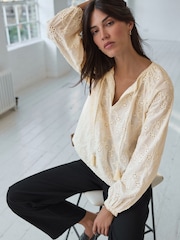 Cream Textured Floral Cornelli Embroidered Long Sleeve 100% Cotton Boho Blouse - Image 1 of 7