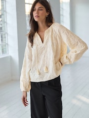 Cream Textured Floral Cornelli Embroidered Long Sleeve 100% Cotton Boho Blouse - Image 2 of 7