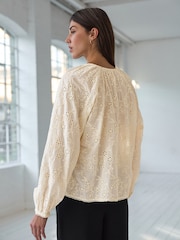 Cream Textured Floral Cornelli Embroidered Long Sleeve 100% Cotton Boho Blouse - Image 3 of 7