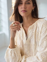 Cream Textured Floral Cornelli Embroidered Long Sleeve 100% Cotton Boho Blouse - Image 4 of 7