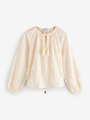 Cream Textured Floral Cornelli Embroidered Long Sleeve 100% Cotton Boho Blouse - Image 7 of 7
