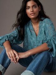 Teal Blue Jacquard Boho Long Sleeve Tie Neck Blouse - Image 1 of 8
