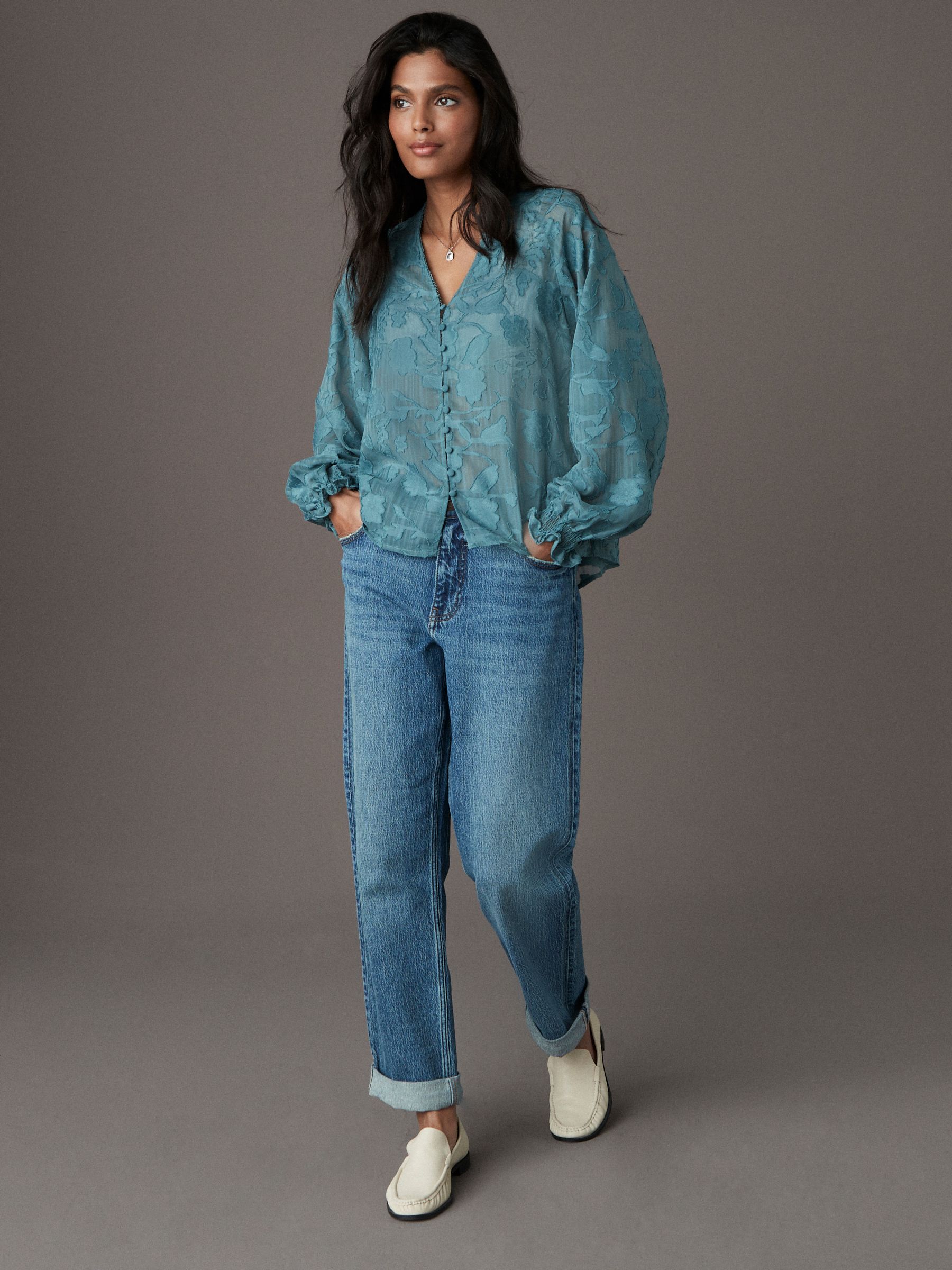 Buy Teal Blue Jacquard Boho Long Sleeve Tie Neck Blouse from Buy Teal Blue Jacquard Boho Long Sleeve Tie Neck Blouse from