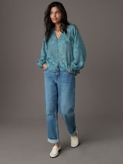 Teal Blue Jacquard Boho Long Sleeve Tie Neck Blouse - Image 2 of 8