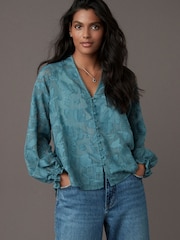 Teal Blue Jacquard Boho Long Sleeve Tie Neck Blouse - Image 3 of 8