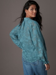 Teal Blue Jacquard Boho Long Sleeve Tie Neck Blouse - Image 4 of 8