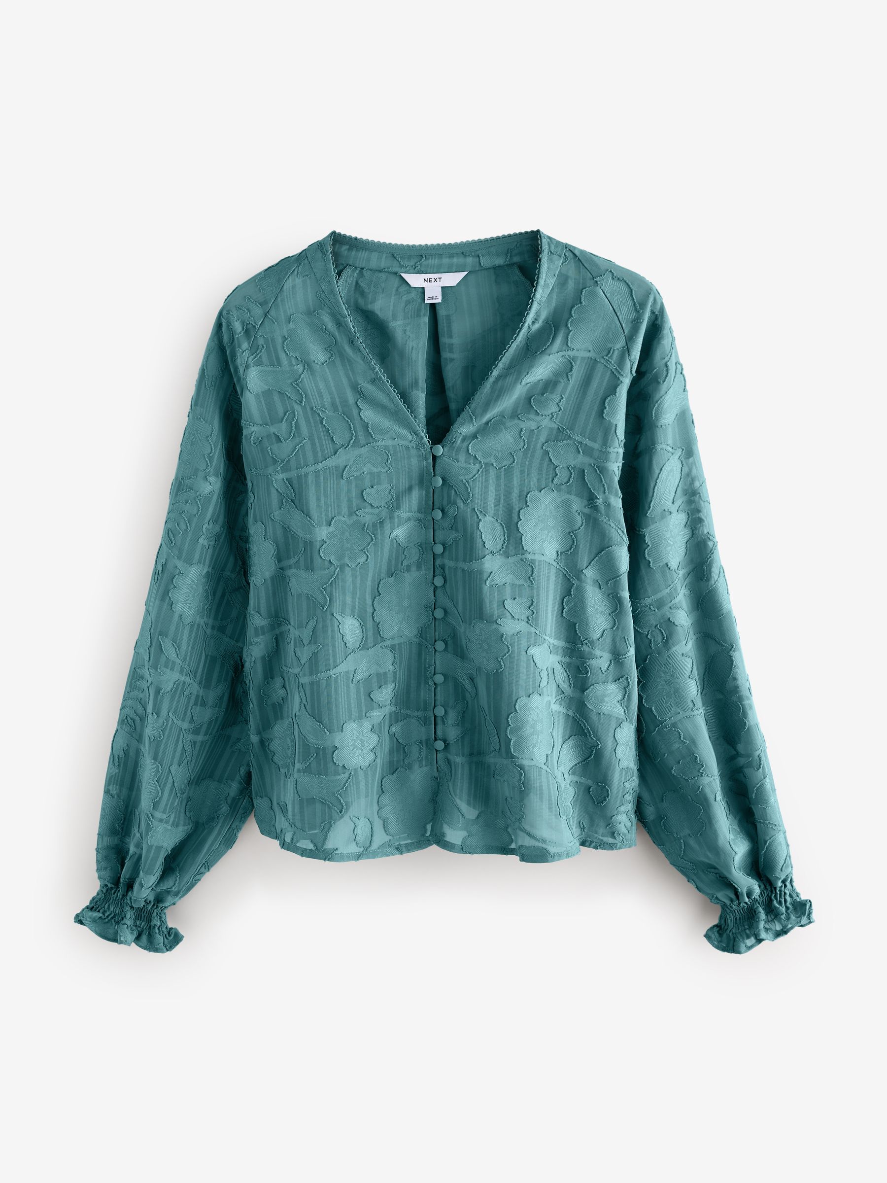 Buy Teal Blue Jacquard Boho Long Sleeve Tie Neck Blouse from