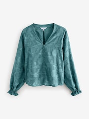 Teal Blue Jacquard Boho Long Sleeve Tie Neck Blouse - Image 7 of 8