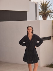 Black 3D Cornelli Embelished Long Sleeve Tiered 100% Cotton Mini Dress - Image 1 of 5