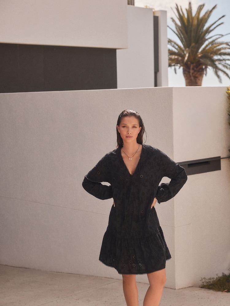 Black 3D Cornelli Embelished Long Sleeve Tiered 100% Cotton Mini Dress - Image 1 of 5