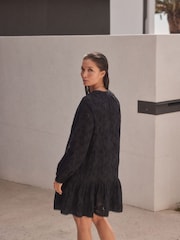Black 3D Cornelli Embelished Long Sleeve Tiered 100% Cotton Mini Dress - Image 2 of 5