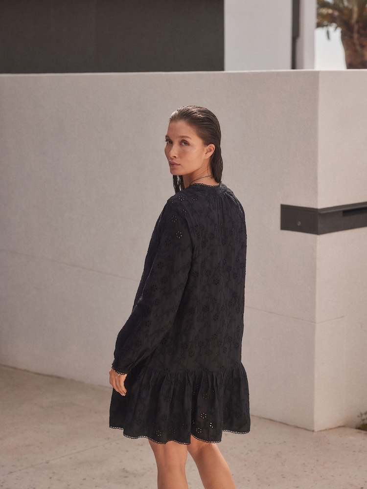 Black 3D Cornelli Embelished Long Sleeve Tiered 100% Cotton Mini Dress - Image 2 of 5