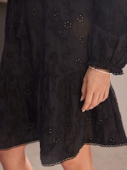 Black 3D Cornelli Embelished Long Sleeve Tiered 100% Cotton Mini Dress - Image 3 of 5