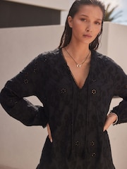 Black 3D Cornelli Embelished Long Sleeve Tiered 100% Cotton Mini Dress - Image 5 of 5