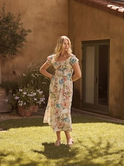 Cream Blue and Pink Floral Print Puff Sleeve Square Neck Tie 100% Cotton Front Midi Dress - Image 1 of 3