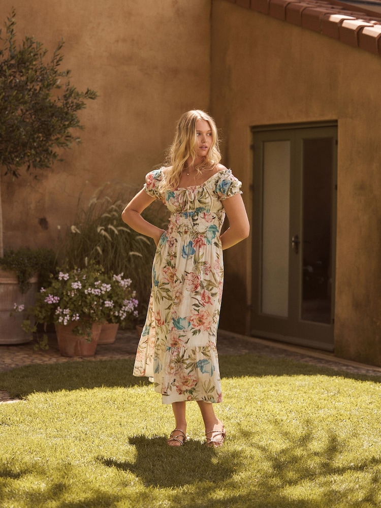 Cream Blue and Pink Floral Print Puff Sleeve Square Neck Tie 100% Cotton Front Midi Dress - Image 1 of 3