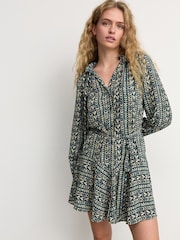 Blue/Cream Heart Print Boho Tie Waist Long Sleeve Mini Shirt Dress - Image 1 of 9