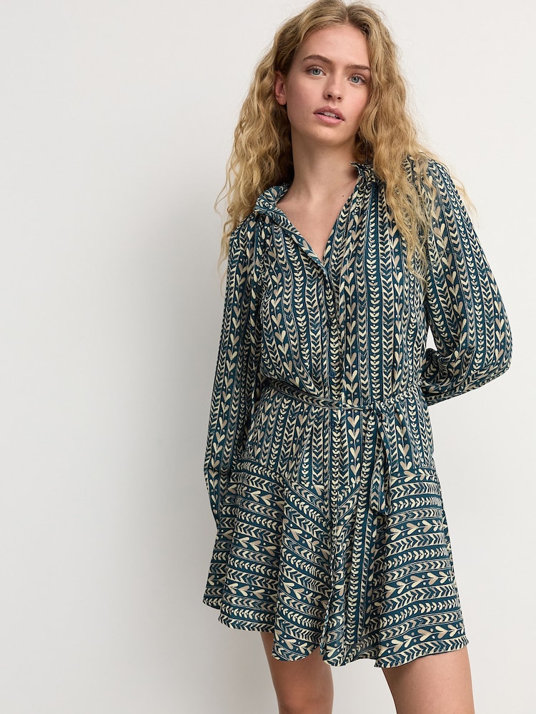Blue/Cream Heart Print Boho Tie Waist Long Sleeve Mini Shirt Dress - Image 1 of 9