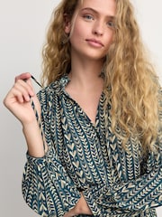 Blue/Cream Heart Print Boho Tie Waist Long Sleeve Mini Shirt Dress - Image 5 of 9