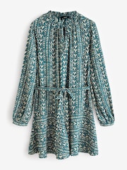Blue/Cream Heart Print Boho Tie Waist Long Sleeve Mini Shirt Dress - Image 6 of 9
