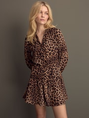 Leopard Tie Waist Long Sleeve Mini Shirt Dress - Image 2 of 9