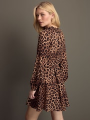 Leopard Tie Waist Long Sleeve Mini Shirt Dress - Image 4 of 9