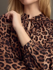 Leopard Tie Waist Long Sleeve Mini Shirt Dress - Image 5 of 9