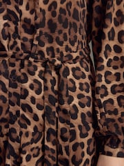 Leopard Tie Waist Long Sleeve Mini Shirt Dress - Image 6 of 9