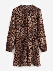 Leopard Tie Waist Long Sleeve Mini Shirt Dress - Image 7 of 9