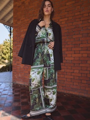 Kew Collection Black/Green Palm Print Satin Wide Leg Trousers - Image 1 of 4