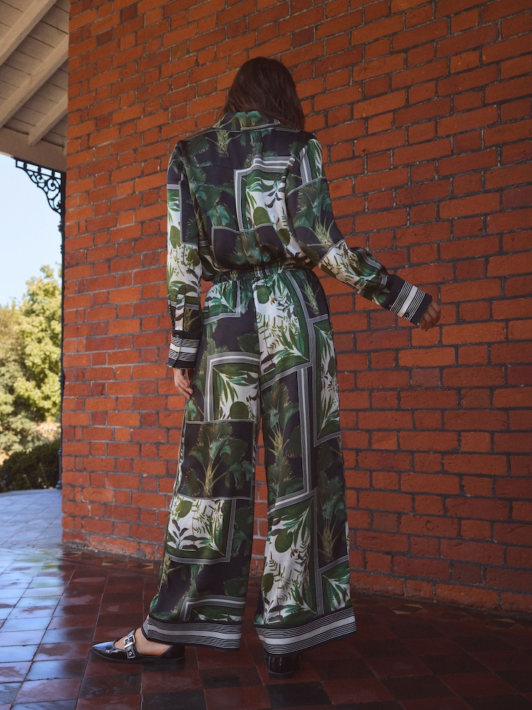 Kew Collection Black/Green Palm Print Satin Wide Leg Trousers - Image 2 of 4