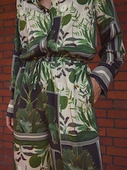 Kew Collection Black/Green Palm Print Satin Wide Leg Trousers - Image 3 of 4